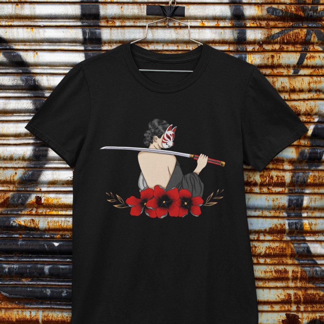 Japansk t-shirt Neko Warrior med Katana
