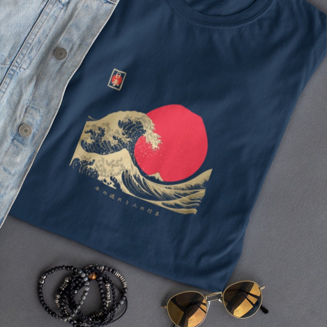T-shirt japonesa Onda Dourada e Sol Nascente