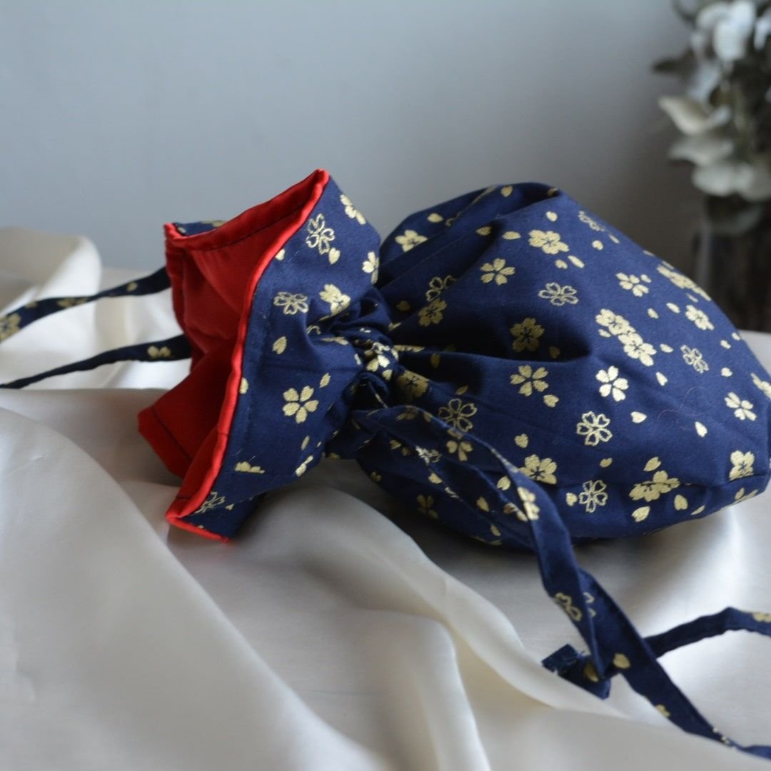 IWASAKI FUROSHIKI 風呂敷 , BLUE MARINE WITH GOLDEN FLOWERS POUCH