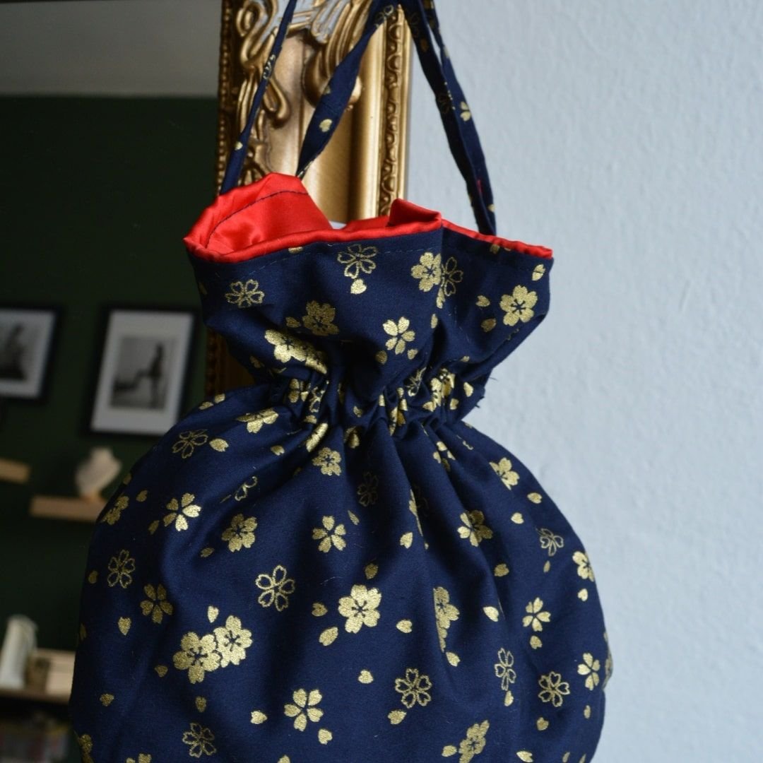 IWASAKI FUROSHIKI 風呂敷 , BLUE MARINE WITH GOLDEN FLOWERS POUCH