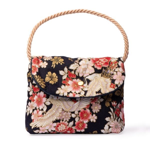 AOI HARU 青い春 HANDTASCHE OSAKA BAUMWOLLSTOFF MIT FRÜHLINGSBLUMENANG WEISSER KRANICH