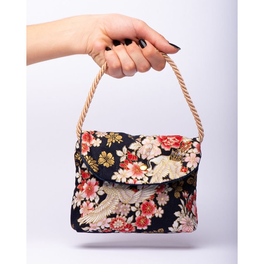 AOI HARU 青い春 HANDTASCHE OSAKA BAUMWOLLSTOFF MIT FRÜHLINGSBLUMENANG WEISSER KRANICH