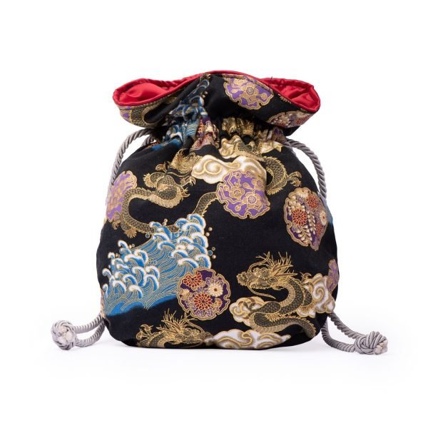 BOLSA LIZA DALBY EM TECIDO JAPONÊS DE ALGODÃO PRETO DOURADO COM SEDA NA PARTE DE TRÁS