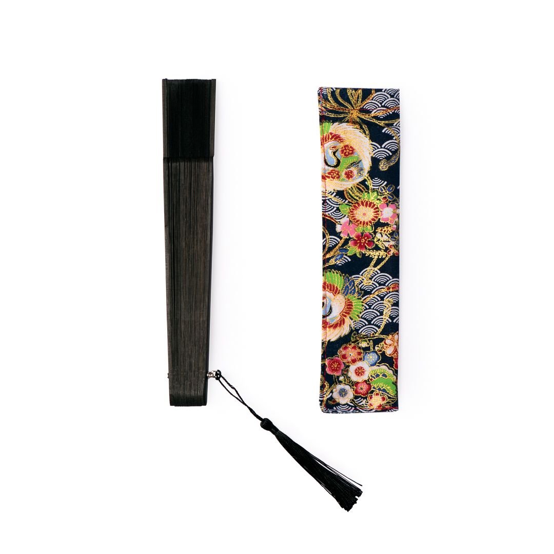 SCHWARZER HOLZFÄCHER MIT SCHWARZEM BAUMWOLLSTOFF 23CM JAPANISCHER BAUMWOLLSTOFFBEZUG