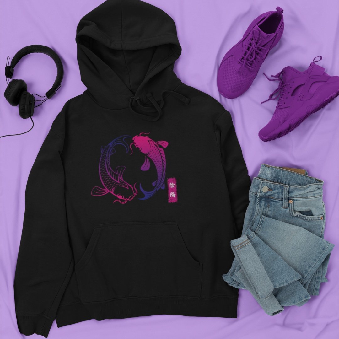 Hoodie Ying Yang Koi Fish i Svart
