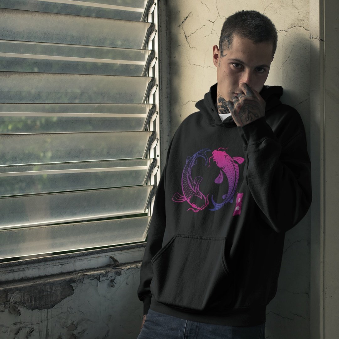 Hoodie Ying Yang Koi Fish i Svart