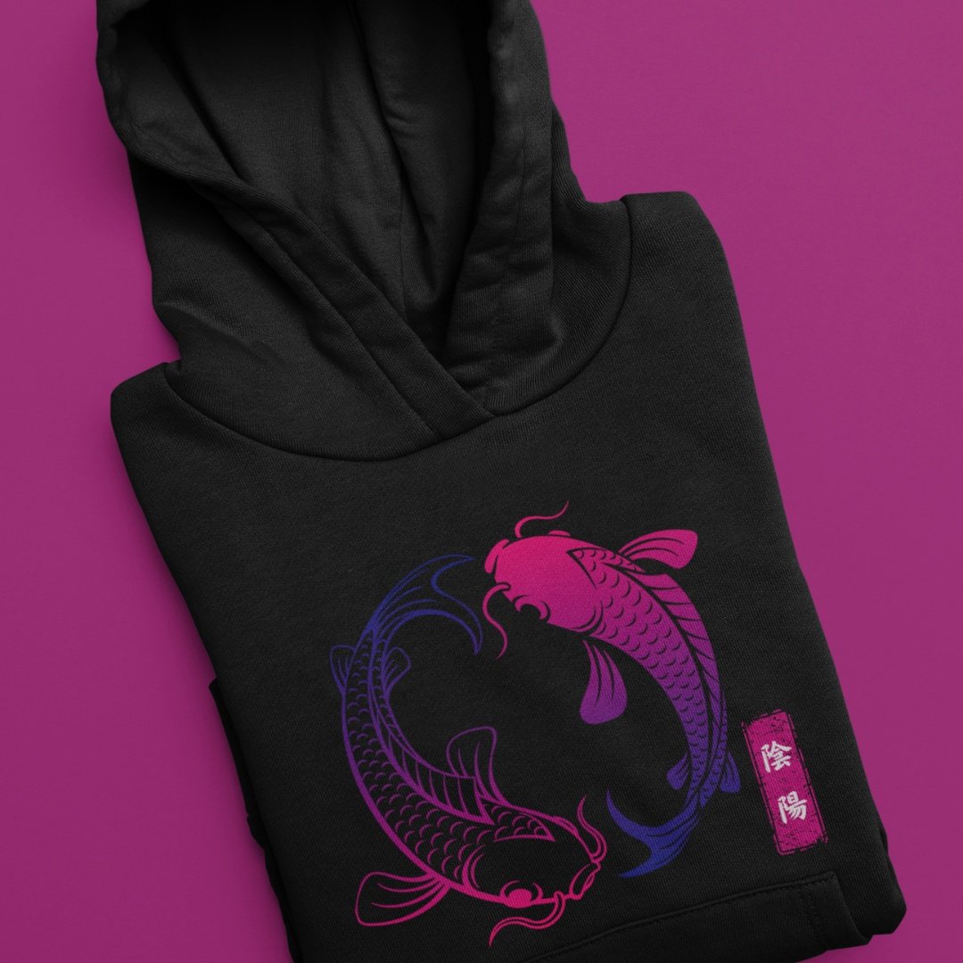 Hoodie Ying Yang Koi Fish i Svart