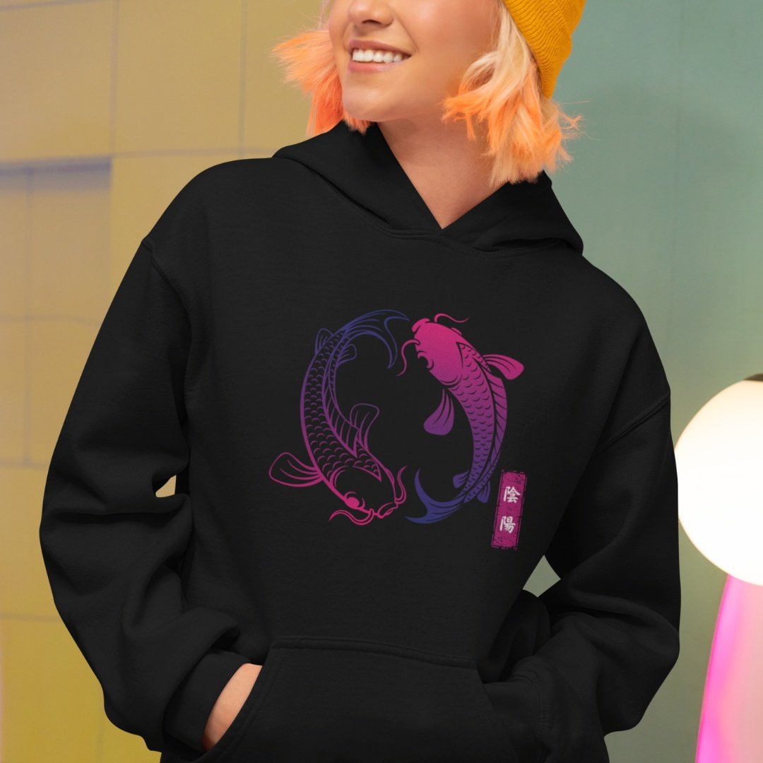 Hoodie Ying Yang Koi Fish i Svart