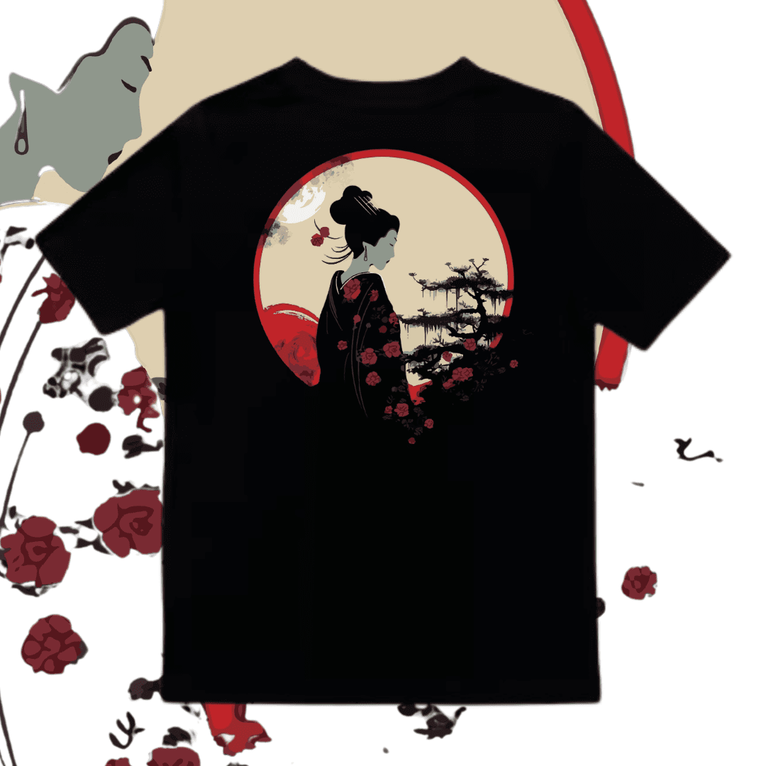 T-SHIRT JAPONESA GUEIXA COM QUIMONO PRETO